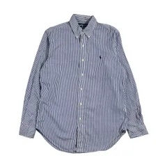 90s Ralph Lauren ラルフローレン CLASSIC FIT ストライプ BD ボタンダウン 長袖 ワイシャツ ドレスシャツ 15 32/33 /ブルー系 メンズ ビンテージ