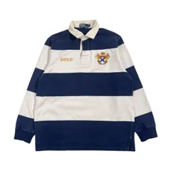 90s Polo by Ralph Lauren ポロ ラルフローレン ボーダー 刺繍 デザイン 長袖 ラガーシャツ L/ネイビー×ホワイト系 メンズ ビンテージ