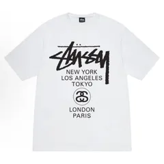 スツーシーSTUSSY 半袖Tシャツ ワールドツアーシリーズ Worldロゴ文字プリントの丸首プルオーバー 男女兼用