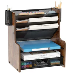 書類トレー 卓上収納ラック 6段 引き出し付き ファイルラック レターケース デスク上置き棚 ホワイトボード付き 木製 金属製 メッシュ A4ファイル バインダー 新聞 雑誌 フォルダ 書類 文房具 小物入れ おしゃれ ペン立て付き オフィス b84365e8