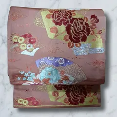 アンティーク 名古屋帯 リメイク用 正絹 バラ 扇面 華やか  大正ロマン 時代物