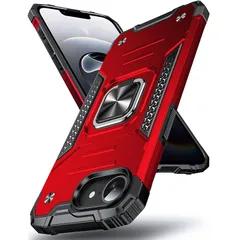 【新品】 DASFOND iPhone 17E/16E 用 ケース 360度回転メタルリングキックスタンド付き 米軍MIL 耐衝撃 強化PCハードバック 傷つけ防止 スマホケース アイフォン17E/16E カバー 6.1 インチ レッド 1