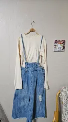 デニム オーバーオール + アイボリー 長袖Tシャツ セット