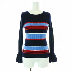 グレースコンチネンタル GRACE CONTINENTAL ボーダーリブニットトップ 長袖 袖先フリル ラメ糸 ウール混 36 S 紺 ネイビー 水色 赤 レッド 18143067 /KU