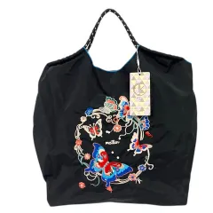 D.KELLYトートバッグ 肩掛け 布製 刺繍 花 蝶々 ワンポイント オープントップ タグ付き 黒 ブラック