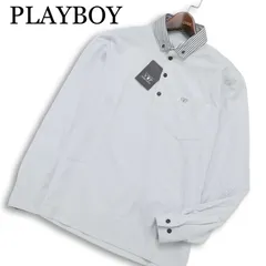 【新品 未使用】 PLAYBOY プレイボーイ 通年 ロゴ刺繍★  襟ストライプ 長袖 ボタンダウン ポロシャツ Sz.M メンズ グレー