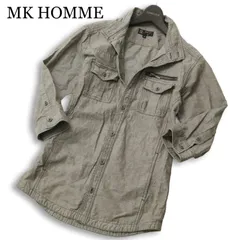 MK HOMME ミッシェルクラン オム 春夏 麻 リネン★ ジップポケット 7分袖 スタンドカラー ワーク シャツ Sz.48 メンズ