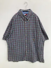 TOMMY HILFIGER トミーヒルフィガー シャツ/ブラウス XL ネイビー コットン チェック柄 ワンポイント ブランドロゴ ミドル丈 半袖 ボタンダウン