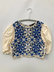 ZARA ザラ シャツ/ブラウス XS ブルー コットン 花柄・ボタニカル柄 レース ショート丈 半端袖