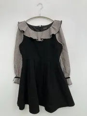 evelyn エブリン ワンピース M ブラック チェック柄 フリル リボン 長袖 ショート・ミニ丈 フレア