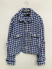 ZARA ザラ ノーカラージャケット USA L ブルー コットン ツイード ビジュー その他総柄 ショート丈
