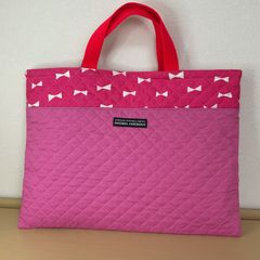 入園入学　りんりんのハンドメイド　レッスンバッグ　通園バッグ　絵本袋　習い事バッグ　キルティング　リボン　濃いピンク