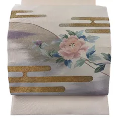 名古屋帯 優品 八寸名古屋帯 松葉仕立て 牡丹 ヱ霞 金糸 綴れ クリーム 正絹 【中古】