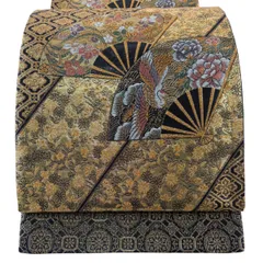 【美品】 袋帯 秀品 扇 鶴 金糸 箔 金色 六通 正絹 【中古】