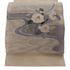 【美品】 名古屋帯 秀品 八寸名古屋帯 松葉仕立て 夏帯 絽 トンネル仕立て 草花 流水 金銀糸 ベージュ 正絹 【中古】