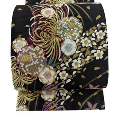 付け帯 作り帯 セミアンティーク 乱菊 黒地 金糸 銀糸 着物 052tz