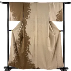 【美品】 付下げ 身丈157cm 裄丈64cm M 袷 落款 桜 シルエット 金通し 染め分け 薄茶色 正絹 秀品 【中古】