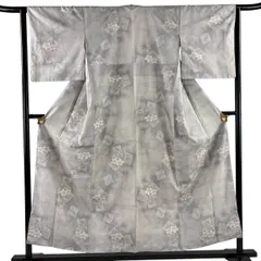 紬 身丈155.5cm 裄丈63.5cm S 袷 草花 破れ色紙 灰茶 正絹 秀品 【中古】