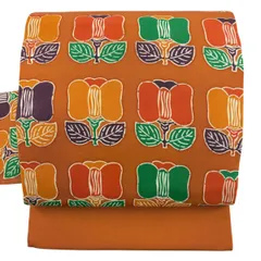 【美品】 名古屋帯 秀品 草花 オレンジ 正絹 【中古】