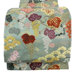 【美品】 袋帯 秀品 葡萄 秋草 金糸 唐織 灰緑 六通 正絹 【中古】