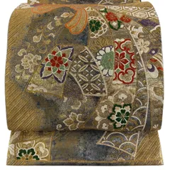 袋帯 秀品 束ね熨斗 花唐草 金糸 箔 金色 六通 正絹 【中古】