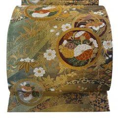 【美品】 袋帯 秀品 菊 椿 金糸 箔 金色 六通 正絹 【中古】