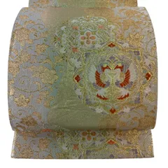 【美品】 袋帯 秀品 華文 向かい鳥 金銀糸 箔 クリーム 六通 正絹 【中古】