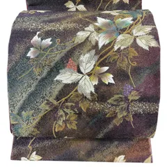 【美品】 袋帯 秀品 葉柄 霞 金銀糸 唐織 紫 六通 正絹 【中古】