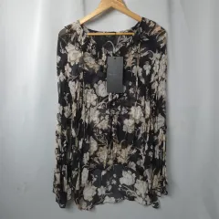 新品) レディース S-M ダーク ラウ(LAWOO) ブラウス フラワー パータン シフォン ブラウス