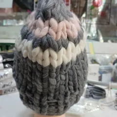 ハンドメイド ニット帽 グレー/ピンク/アイボリー 冬 61073