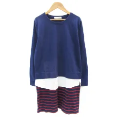 シューラルー SHOO・LA・RUE ワンピース ひざ丈 長袖 切替 レイヤード風 ボーダー柄 M ネイビー 紺 /YM22