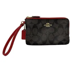 COACH(コーチ) リストレット ダブル コーナー ジップ リストレット シグネチャー キャンバス F87591 ダークブラウン×レッド レザー