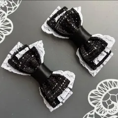 ツイードレースミニリボン　黒　ブラック　ヘアクリップ  量産型　地雷　ゴスロリ　天使界隈　サブカル　コンカフェ