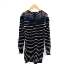 スナイデル SNIDEL タイトワンピース ミニ丈 長袖 ラウンドネック ボーダー柄 レース 刺繍 シースルー F 紺 ネイビー ライトベージュ /SY3