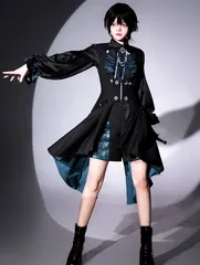 王子系 魔法使い 皇子系 ゴシック ロリータ 4点セット  長袖ブラウス ワンピース ショートパンツ リボン ネクタイ ダークドレス フレア フリル ブラック ブルー モード 地雷系 原宿系 レディース 個性派 コスプレ 衣装 ビジュー 暗黒 洋装 高級感