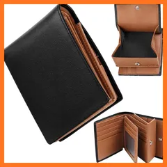 【新品】 [GSG] 財布 メンズ 2つ折り 人気ブランド 大容量 本革 メンズ カード22枚収納 ボックス型 小銭入れ 折りたたみさいふ 男性 紳士用 ブラック＋ブラウン22098 1