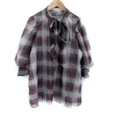 ナイスクラップ NICE CLAUP シャツ ブラウス 七分袖 ボウタイ チェック柄 F グレー 茶 ブラウン /SM32