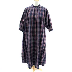 ニコアンド Niko and.. シャツワンピース マキシ丈 ロング丈 七分袖 スタンドカラー チェック柄 M オーバーサイズ マルチカラー 紺 ネイビー オレンジ /SM50