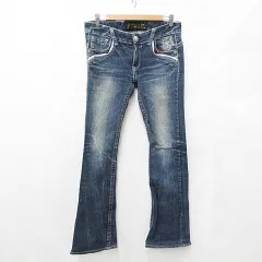 レッドペッパー RED PEPPER パンツ デニム ジーンズ ブーツカット ソフトフレアー ロング 刺繍 USED加工 ストレッチ 青 紺 ブルー インディゴ  ネイビー 29