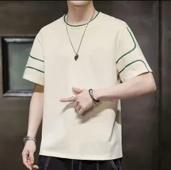 【2XL】半袖Tシャツ五分袖 ラウンドネックTシャツ クリーム色