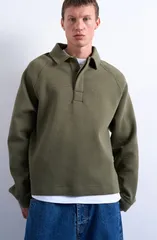 トップマン メンズ トップス ポロシャツ スウェット コットン Topman Raglan Sleeve Boxy Cotton Blend Polo Sweatshirt Khaki カーキのサムネイル