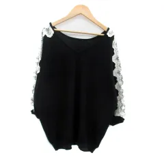 アースミュージック&エコロジー EARTH MUSIC & ECOLOGY ニット カットソー Vネック 七分袖 レース 切替 アンゴラ混 黒 ブラック オフホワイト /HO20