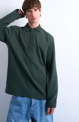 トップマン メンズ トップス ポロシャツ Topman Textured Long Sleeve Polo Dark Green グリーンのサムネイル