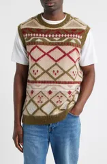 トップマン メンズ アウター パーカー・スウェット ベスト Topman Fair Isle Oversize Vest Khaki カーキのサムネイル