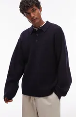 トップマン メンズ トップス ポロシャツ セーター Topman Oversize Long Sleeve Sweater Polo Navy ネイビーのサムネイル