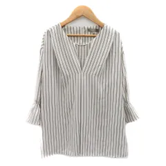 シューラルー SHOO・LA・RUE ブラウス カットソー 七分袖 Vネック ストライプ柄 オーバーサイズ M ライトベージュ 黒 ブラック /YK20