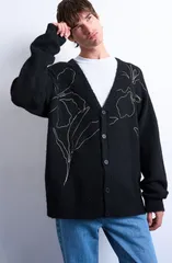 トップマン メンズ アウター パーカー・スウェット Vネック フラワー柄 カーディガン 刺繍 フラワー Topman Floral Embroidered VNeck Cardigan Black ブのサムネイル
