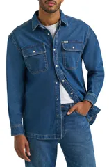 ラングラー メンズ アウター ジャケット・ブルゾン シャツ コットン デニム Wrangler Cotton Denim SnapUp Overshirt Retro Blue ブルーのサムネイル