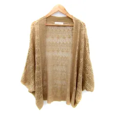 アフリカタロウ AFRICA TARO ニットカーディガン ミドル丈 七分袖 ドルマンスリーブ 前開き 透かし編み F ライトブラウン /SY15