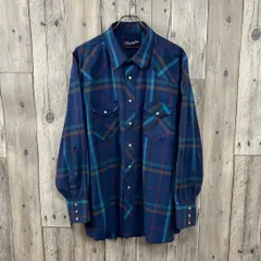 OLD Wrangler 90s ラングラー ブルー 衿芯 襟芯 長袖 ウエスタン チェック シャツ メンズ XL サイズ